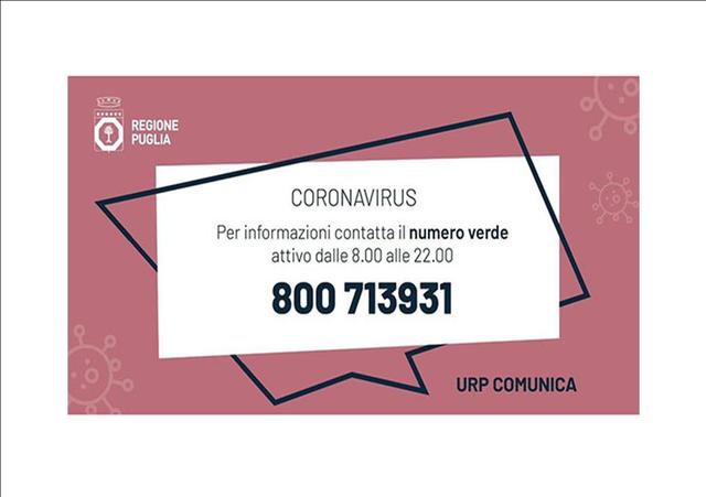 Coronavirus: attivo numero verde regione puglia